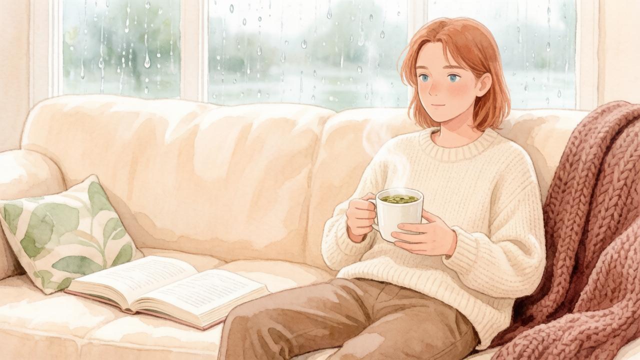 Человек с чаем и книгой на диване в дождливый день — иллюстрация к советам по здоровью в гороскопе